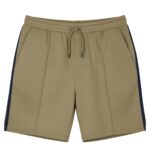 Front view of khaki athletic shorts with navy side stripes, a drawstring waist, vertical seams, and side pockets. The fabric has a subtle texture and the shorts are knee-length.