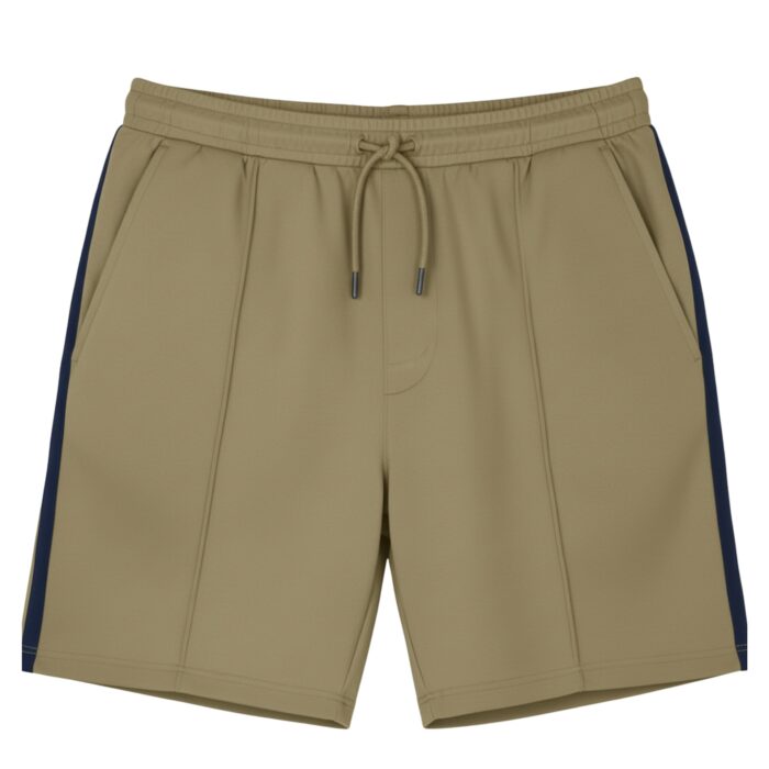 Front view of khaki athletic shorts with navy side stripes, a drawstring waist, vertical seams, and side pockets. The fabric has a subtle texture and the shorts are knee-length.