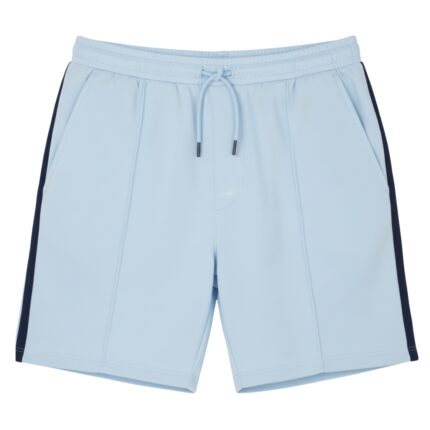 Light blue men's tennis shorts with an elastic waistband and matching drawstring, navy side stripes, vertical seam details, and side pockets, displayed on a white background.