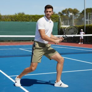 A man standing on a bright blue tennis court wearing a white polo shirt, khaki shorts with a dark blue stripe down the side, and white sneakers, holding a tennis racket as if about to hit a ball.