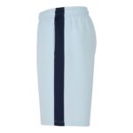 Side view of light sky-blue athletic shorts with a dark navy stripe down the left leg, an elastic waistband, and a visible drawstring.