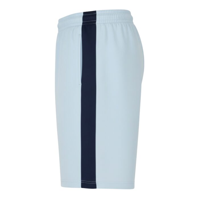 Side view of light sky-blue athletic shorts with a dark navy stripe down the left leg, an elastic waistband, and a visible drawstring.