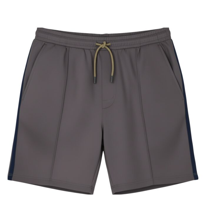 Front view of grayish-purple athletic shorts with a dark blue side stripe, tan drawstring at the waist, subtle vertical seams, and side pockets. The shorts are knee-length and laid flat against a white background.
