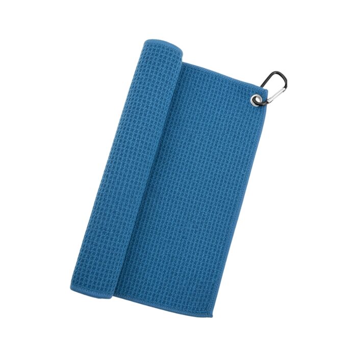 A blue textured golf towel partially rolled up with a carabiner clip on the right, shown against a white background.