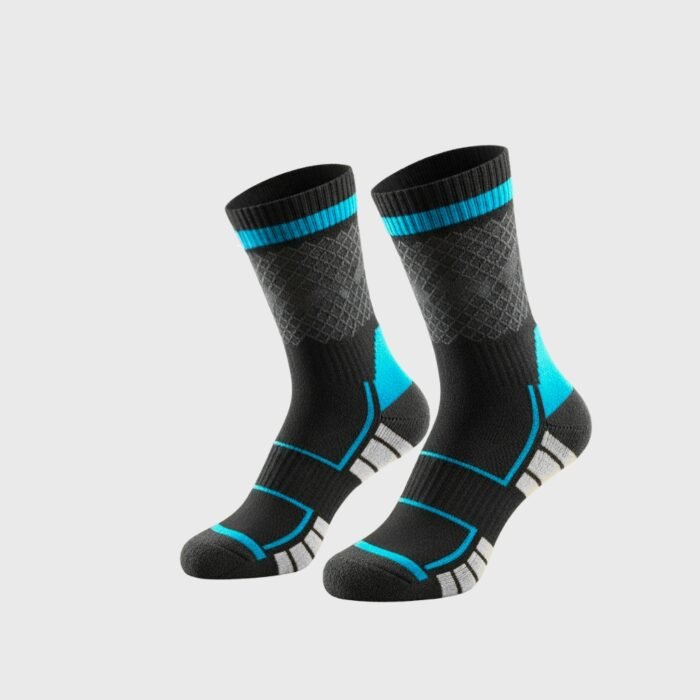 A pair of black performance court socks with gray textured panels, blue accents at the cuff, ankle, and mid-foot, and white detailing at the heel and toe, displayed on a light gray background.