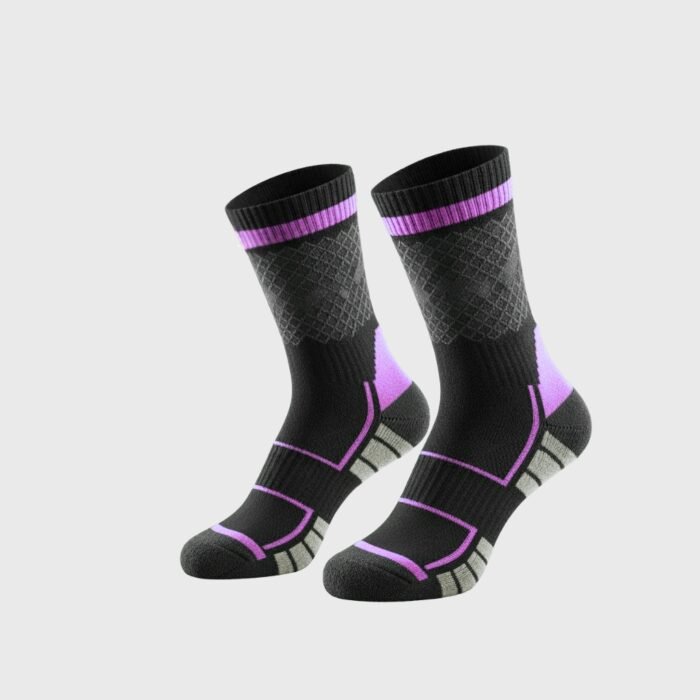 A studio shot of a pair of crew-length socks with a black base, purple and gray accents, featuring a geometric pattern near the top and horizontal stripes with angled segments on the lower portion, shown on a plain white background.