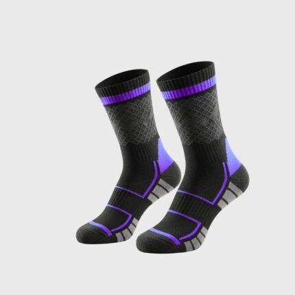 A pair of black performance court socks with gray textured panels, blue accent bands at the cuff, ankle, and midfoot, and white detailing at the heel and toe, displayed on a light gray background.