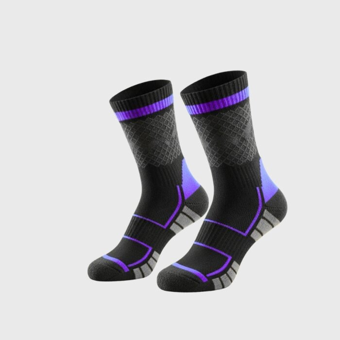 A pair of black performance court socks with gray textured panels, blue accent bands at the cuff, ankle, and midfoot, and white detailing at the heel and toe, displayed on a light gray background.