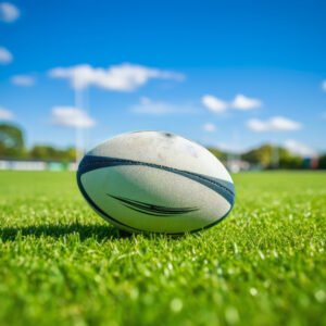 A close-up of a rugby ball resting on vibrant green grass, with a bright blue sky and white clouds in the background and a distant stadium outline on the horizon.