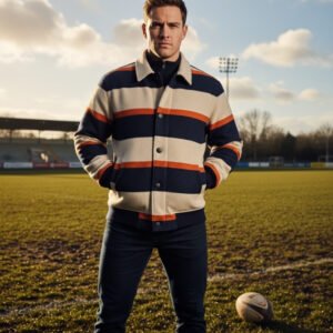 A man stands on a grassy field wearing a beige, navy, and orange striped jacket with dark jeans and a black turtleneck. He has his hands in his pockets. A soccer ball lies near his feet, with a stadium and floodlights in the background under a partly cloudy sky.