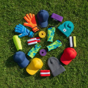 Overhead view of a circle of colorful soccer accessories laid on green grass, including goalie gloves, caps, beanies, headbands, armbands, shin guards, and athletic tape.