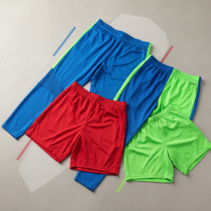 A flat lay image of athletic soccer gear: blue athletic pants with a neon green stripe, red athletic shorts, another blue pair with a green stripe, and bright green athletic shorts, arranged on a gray mottled background with abstract blue, red, and gray lines.