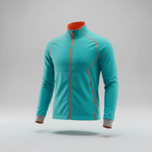 A turquoise athletic jacket with orange piping and zippers, long sleeves, and a high collar, displayed against a light gray backdrop.