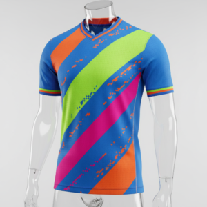 Bright multicolor soccer top with diagonal stripes in blue, green, orange, pink, and purple, on a gray background.