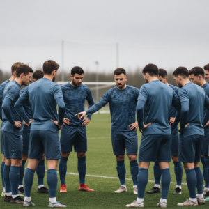 A group of soccer players in matching blue uniforms stand in a circle on a green soccer field, facing inward. One player in the center points with his hand as if giving instructions, while others listen with hands on hips. A goalpost is visible in the background under a gray, overcast sky.