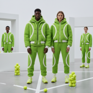 Four models in green tennis-themed outerwear in a white studio. Two foreground models wear hooded zip-up jackets with matching pants featuring white tennis-ball seam accents; two background models wear bomber jackets with coordinating pants on raised platforms. Jars of tennis balls sit in the foreground