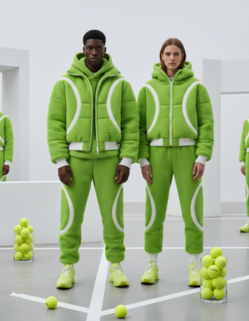 Four models in green tennis-themed outerwear in a white studio. Two foreground models wear hooded zip-up jackets with matching pants featuring white tennis-ball seam accents; two background models wear bomber jackets with coordinating pants on raised platforms. Jars of tennis balls sit in the foreground