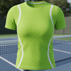 Close-up view of a bright green tennis ball-inspired T-shirt with white curved side panels, displayed against a blurred tennis court background.