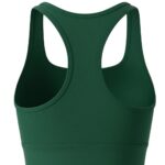 Back view of a green racerback sports bra with thick straps and a thick bottom band, displayed on a white background.