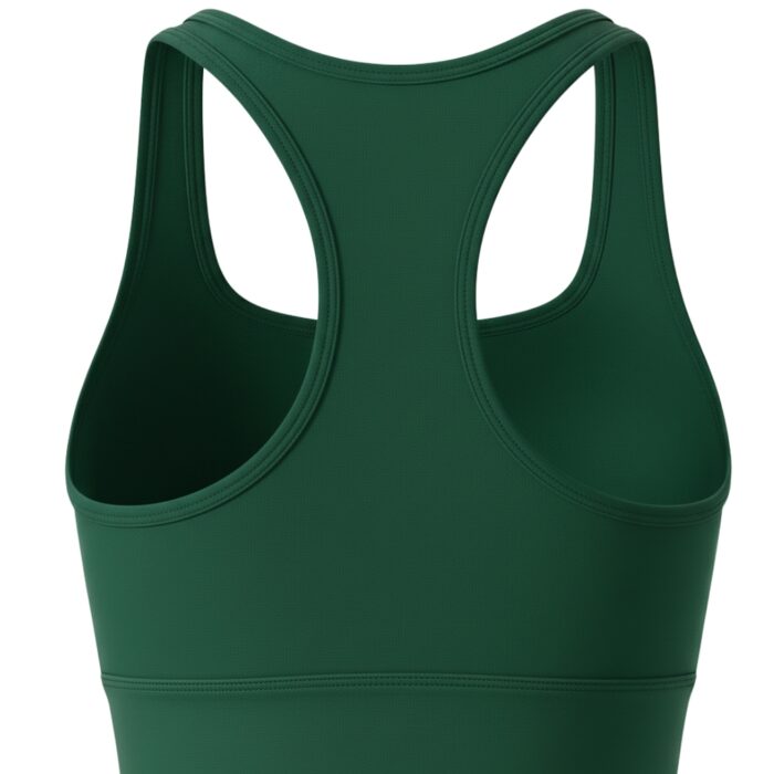 Back view of a green racerback sports bra with thick straps and a thick bottom band, displayed on a white background.
