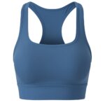 Muted blue racerback sports bra with wide straps and a wide bottom band, displayed on a white background.
