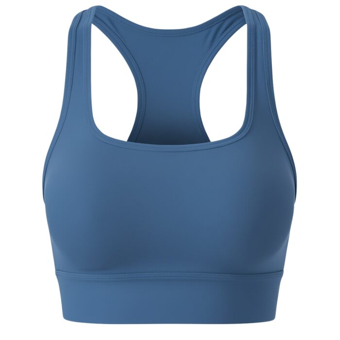 Muted blue racerback sports bra with wide straps and a wide bottom band, displayed on a white background.