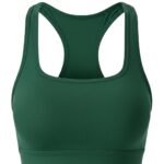 Dark green racerback women's sports bra with a wide bottom band and thick straps, displayed on a white background.