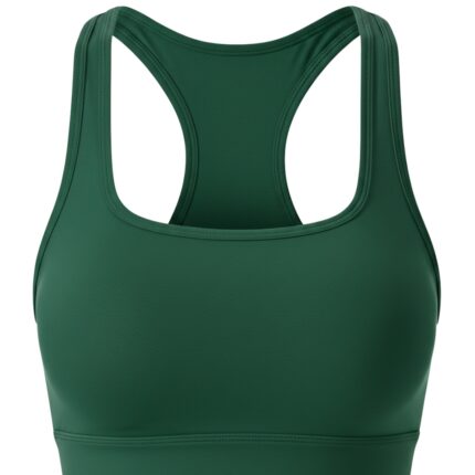 Dark green racerback women's sports bra with a wide bottom band and thick straps, displayed on a white background.