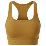 Mustard yellow racerback sports bra with wide straps and a wide bottom band, shown on a white background.