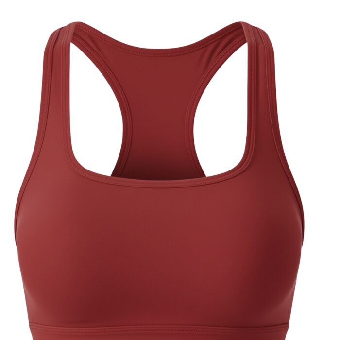 Dark red racerback sports bra with wide straps and a thick bottom band, shown in a studio shot.