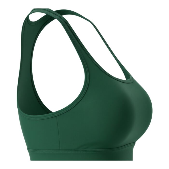 Close-up of a dark green racerback sports bra with a textured/breathable fabric, shown against a white background.