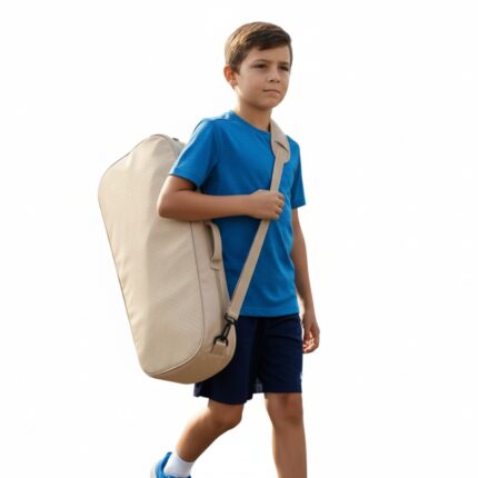 A young boy walks from right to left, carrying a large beige tennis bag over his left shoulder. He wears a blue shirt, navy shorts, and blue-and-white sneakers, with a plain white background.
