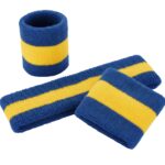 A photo of three blue and yellow striped wristbands. One is rolled into a cylinder, another laid flat in a line, and the third folded over. The bands are blue with a thick horizontal yellow stripe, set on a white background.