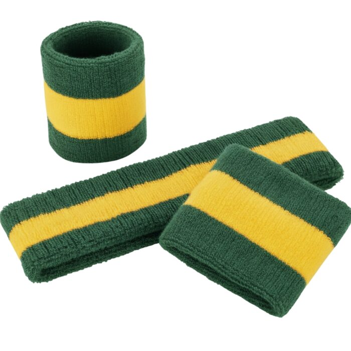A studio shot of three athletic bands: a green headband flat, and two green wristbands with a single wide yellow stripe. One wristband lies flat, the other stands upright to show the inside. All items are on a white background.