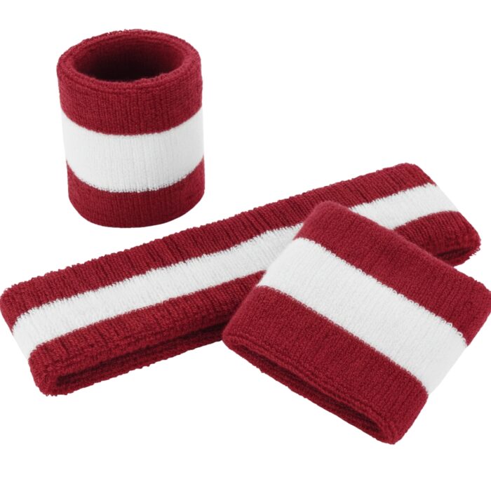 Three maroon and white striped wristbands on a white background: one standing upright, two lying flat side by side. Each band features maroon edges with a single wide white stripe in the center.