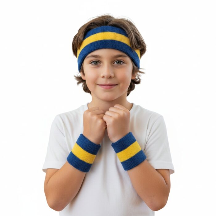 A young boy with brown hair and green eyes smiles at the camera. He wears a white T-shirt, a blue and yellow striped headband, and matching blue and yellow striped wristbands. His fists are clenched in front of him against a white background.