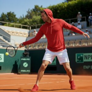 Man wearing a red hooded sweatshirt during a tennis match on a clay court, with white shorts and red shoes; action shot with dust near the foot