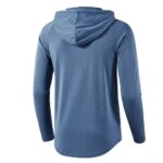 Back view of a heathered blue long-sleeve hoodie with hood up; fitted sleeves and curved hem
