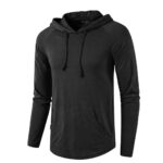 Charcoal gray men's hoodie with raglan sleeves, front pocket, drawstring hood, and curved hem on a white background