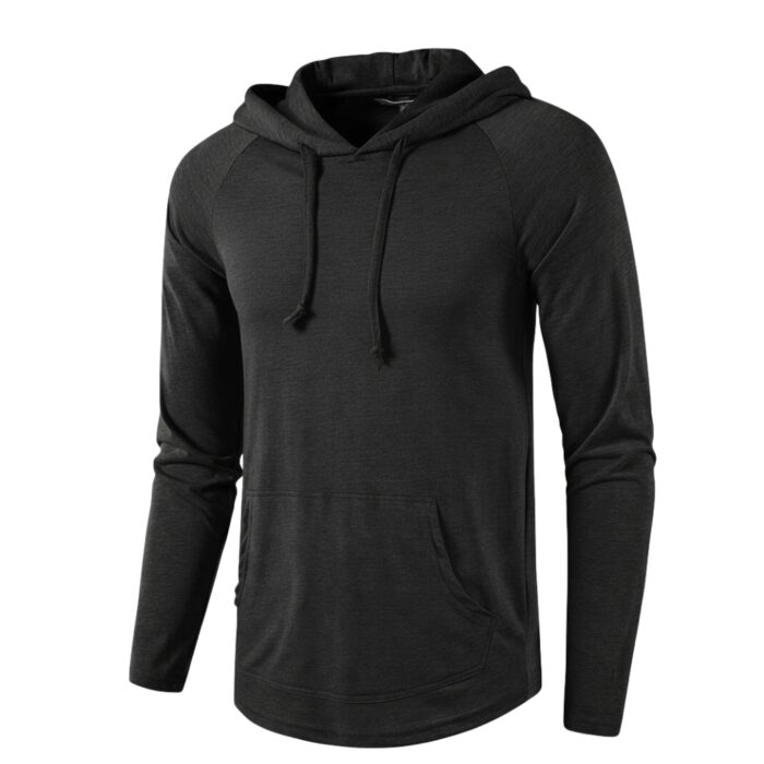 Charcoal gray men's hoodie with raglan sleeves, front pocket, drawstring hood, and curved hem on a white background