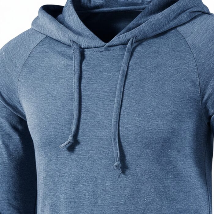 Close-up of a heather blue hooded sweatshirt with raglan sleeves, drawstrings visible, and a kangaroo pocket