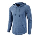 Heathered blue hoodie with hood and drawstrings, front kangaroo pocket, shown from the front on a white background