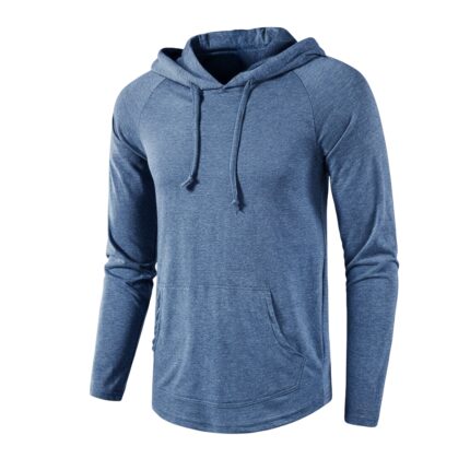 Heathered blue hoodie with hood and drawstrings, front kangaroo pocket, shown from the front on a white background