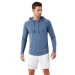 Light blue athletic hoodie with long sleeves, hood with drawstrings, and front kangaroo pocket; worn by a slender male model on a white background