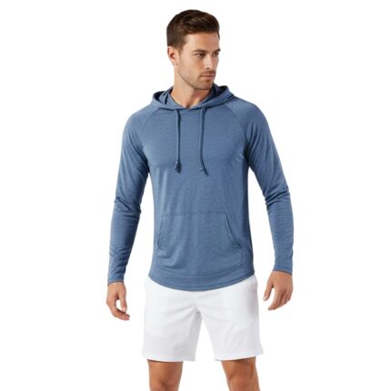 Light blue athletic hoodie with long sleeves, hood with drawstrings, and front kangaroo pocket; worn by a slender male model on a white background