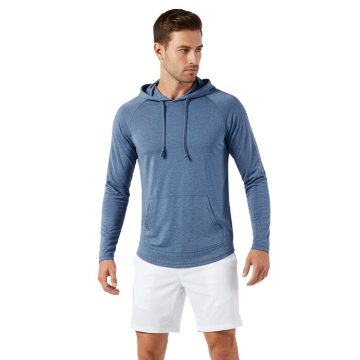 Light blue athletic hoodie with long sleeves, hood with drawstrings, and front kangaroo pocket; worn by a slender male model on a white background