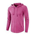 Vibrant fuchsia pink men's/men's hoodie with drawstring hood, kangaroo pocket, and curved hem on a white background