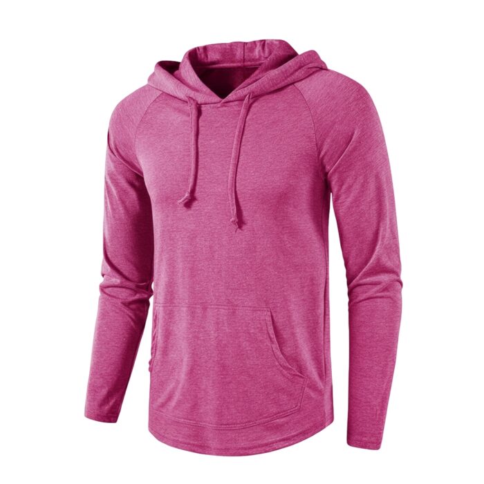Vibrant fuchsia pink men's/men's hoodie with drawstring hood, kangaroo pocket, and curved hem on a white background