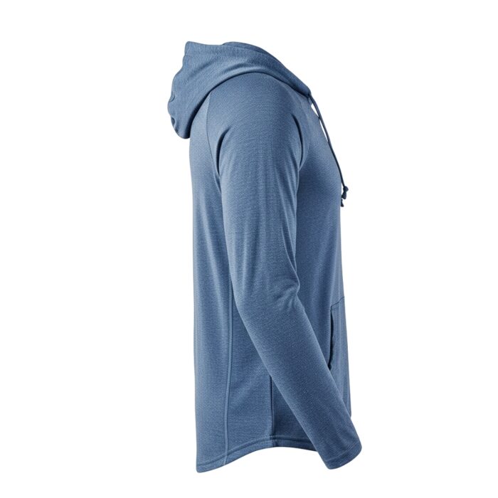 Light blue hooded sweatshirt shown in side profile with sleeves down on a white background; subtle front pocket not clearly visible