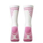 Back view of white tennis socks with pink accents; pink heel and sole, top stripes, textured patterns